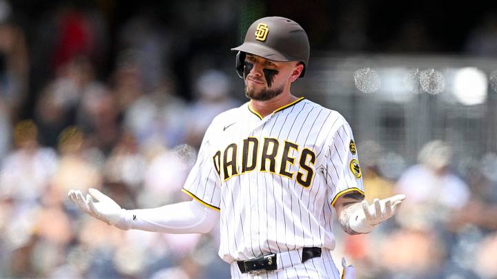 Aug 26, 2026; San Diego, California, USA;  San Diego Padres center fielder Jackson Merrill (3) gestures after hitting a double during the third inning against the Pittsburgh Pirates at Petco Park.  Mandatory Credit: Denis Poroy-Imagn Images
