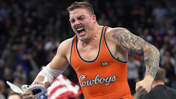 Mar 22, 2025; Philadelphia, PA, USA; Wyatt Hendrickson of the Oklahoma State Cowboys reacts after defeating Gable Steveson of the Minnesota Golden Gophers (not pictured) during the Division I Men's Wrestling Championship held at Wells Fargo Center. Mandatory Credit: Eric Hartline-Imagn Images