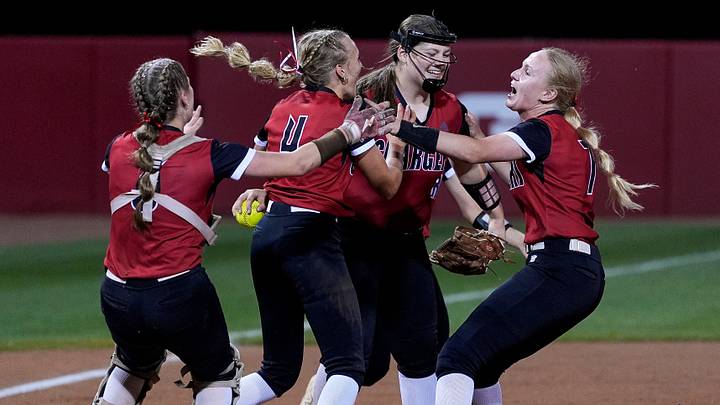 Sussex Hamilton's Aubrie Peterson (3), Bitsy Palicka (4), Grace Houts (18), and Maddie Palicka (7) celebrate after defeating Muskego 8-3 in the WIAA Division 1 state championship game on June 13, 2026. Sussex Hamilton's Aubrie Peterson (3), Bitsy Palicka (4), Grace Houts (18), and Maddie Palicka (7) celebrate after defeating Muskego 8-3 in the WIAA Division 1 state championship game on June 13, 2026.