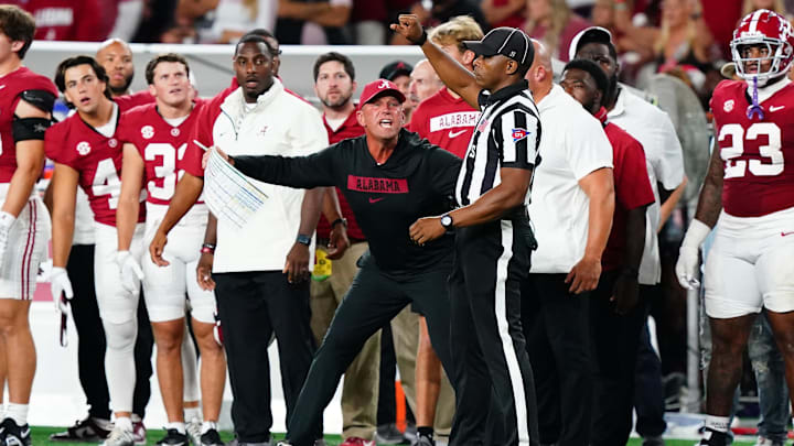 Sep 28, 2024; Tuscaloosa, Alabama, USA;  Alabama Crimson Tide head coach Kalen DeBoer asks for a pass interference call against the Georgia Bulldogs during the first half at Bryant-Denny Stadium. Mandatory Credit: John David Mercer-Imagn Images