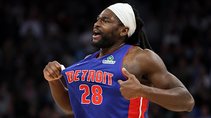 Detroit Pistons center Isaiah Stewart gestures towards the crowd after a fight against the Minnesota Timberwolves during the second quarter at Target Center in Minneapolis on March 30, 2025. Stewart was later ejected from the game. 