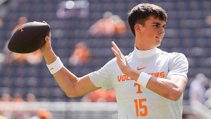 Tennessee quarterback George MacIntyre (15) throws the ball before a NCAA football game between Tennessee and Georgia at Neyland Stadium in Knoxville, Tennessee, on September 13, 2025.