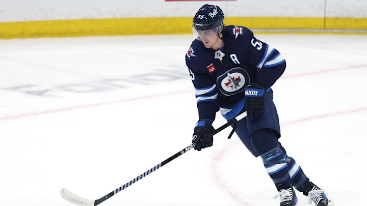 Apr 21, 2025; Winnipeg, Manitoba, CAN; Winnipeg Jets center Mark Scheifele (55) warms up before a game against the St. Louis Blues in game two of the first round of the 2025 Stanley Cup Playoffs at Canada Life Centre. Mandatory Credit: James Carey Lauder-Imagn Images