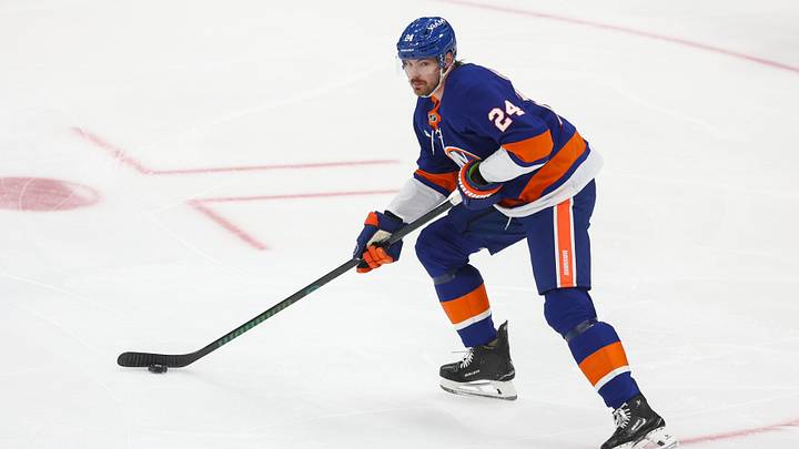Mar 26, 2026; Elmont, New York, USA; New York Islanders defenseman Scott Mayfield (24) at UBS Arena. Mandatory Credit: Wendell Cruz-Imagn Images Mar 26, 2026; Elmont, New York, USA; New York Islanders defenseman Scott Mayfield (24) at UBS Arena. Mandatory Credit: Wendell Cruz-Imagn Images