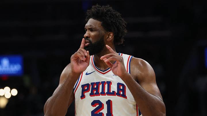 Philadelphia 76ers center Joel Embiid (21) silences the crowd after making a shot against the Boston Celtics during the second quarter of game seven of the first round of the 2026 NBA Playoffs at TD Garden on May 2, 2026.
