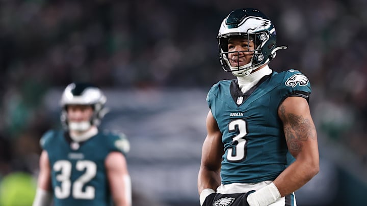 Jan 12, 2025; Philadelphia, Pennsylvania, USA; Philadelphia Eagles linebacker Nolan Smith Jr. (3) looks on against the Green Bay Packers in an NFC wild card game at Lincoln Financial Field. Mandatory Credit: Bill Streicher-Imagn Images Jan 12, 2025; Philadelphia, Pennsylvania, USA; Philadelphia Eagles linebacker Nolan Smith Jr. (3) looks on against the Green Bay Packers in an NFC wild card game at Lincoln Financial Field. Mandatory Credit: Bill Streicher-Imagn Images