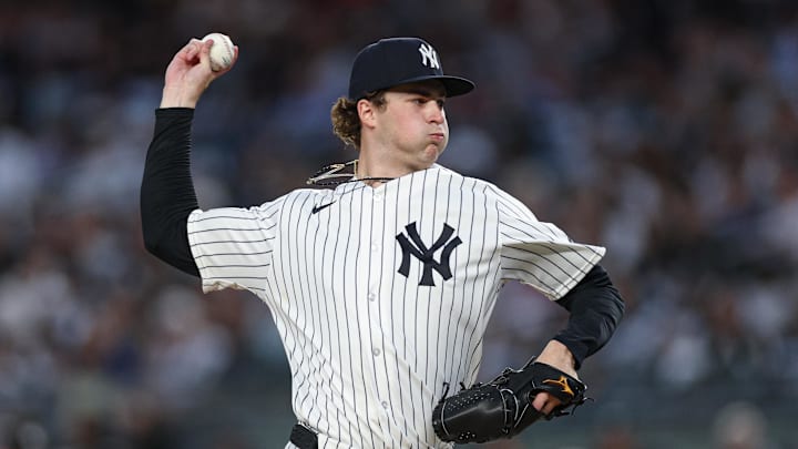 Apr 17, 2026; Bronx, New York, USA; New York Yankees pitcher Cam Schlittler (31) delivers a pitch during the third inning against the Kansas City Royals at Yankee Stadium. Mandatory Credit: Vincent Carchietta-Imagn Images