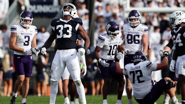 Penn State Nittany Lions defensive end Dani Dennis-Sutton (33) reacts following a tackle during the second quarter against the Northwestern Wildcats at Beaver Stadium.