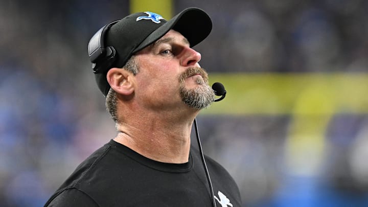 Dec 15, 2024; Detroit, Michigan, USA; Detroit Lions head coach Dan Campbell reacts after the Buffalo Bills scored a touchdown on their first play after recovering an onside kick attempt by the Lions in the fourth quarter at Ford Field. Mandatory Credit: Lon Horwedel-Imagn Images
