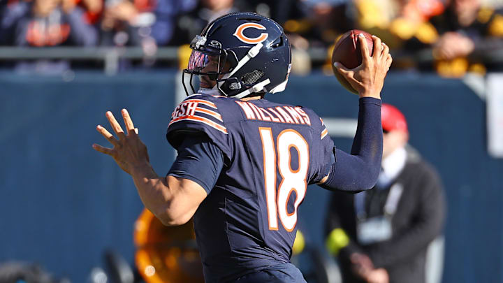 Nov 23, 2025; Chicago, Illinois, USA; Chicago Bears quarterback Caleb Williams (18) drops back to pass against the Pittsburgh Steelers during the second half at Soldier Field. Mandatory Credit: Mike Dinovo-Imagn Images