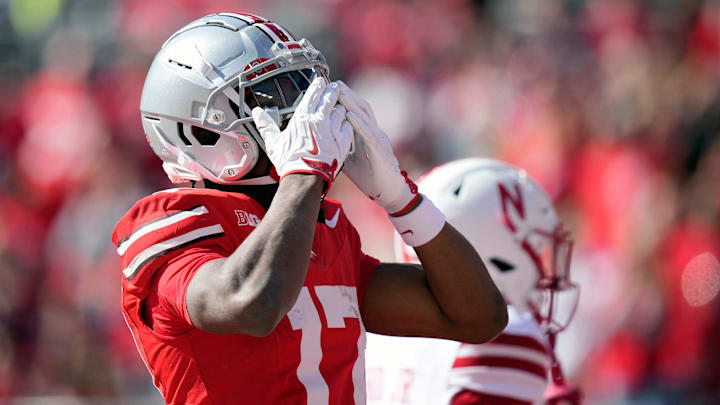Ohio State Buckeyes wide receiver Carnell Tate (17) celebrates his touchdown catch against Nebraska Cornhuskers during the first quarter of their game at Ohio Stadium on Oct 26, 2024, in Columbus. Ohio State Buckeyes wide receiver Carnell Tate (17) celebrates his touchdown catch against Nebraska Cornhuskers during the first quarter of their game at Ohio Stadium on Oct 26, 2024, in Columbus.