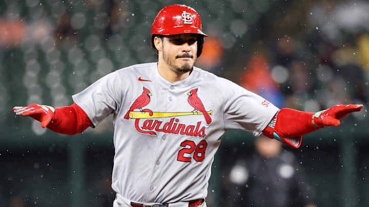 May 27, 2025; Baltimore, Maryland, USA; St. Louis Cardinals third baseman Nolan Arenado (28) celebrates after hitting a home run during the eighth inning against the Baltimore Orioles at Oriole Park at Camden Yards. Mandatory Credit: Daniel Kucin Jr.-Imagn Images