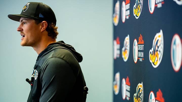 Akron RubberDucks pitcher Khal Stephen answers questions from reporters during media day April 1, 2026, at 7 17 Credit Union Park in Akron.