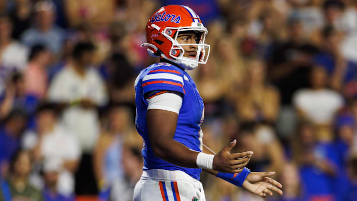 Nov 22, 2025; Gainesville, Florida, USA; Florida Gators quarterback DJ Lagway (2) gestures before the snap against the Tennessee Volunteers during the second half at Ben Hill Griffin Stadium. Mandatory Credit: Matt Pendleton-Imagn Images