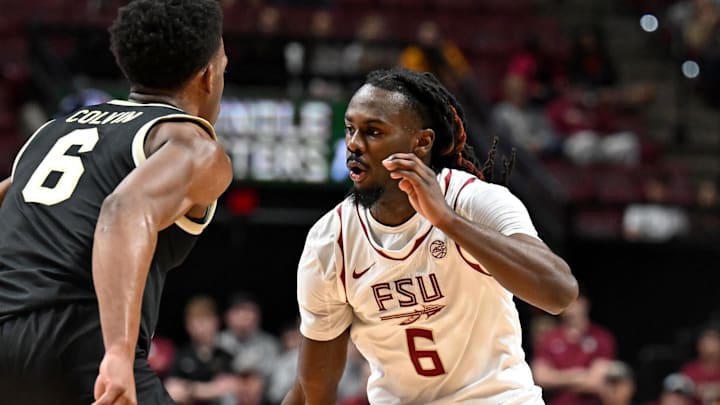 Jan 17, 2026; Tallahassee, Florida, USA; Florida State Seminoles guard Robert McCray V (6) dribbles to the net during the first half against the Wake Forest Demon Deacons at Donald L. Tucker Center. Mandatory Credit: Melina Myers-Imagn Images