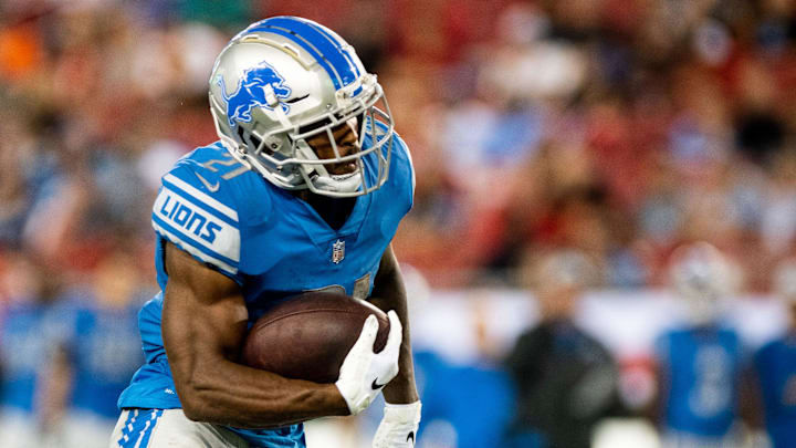 Aug 24, 2018; Tampa, FL, USA; Detroit Lions running back Ameer Abdullah (21) during the second half against the Tampa Bay Buccaneers at Raymond James Stadium. Mandatory Credit: Douglas DeFelice-Imagn Images