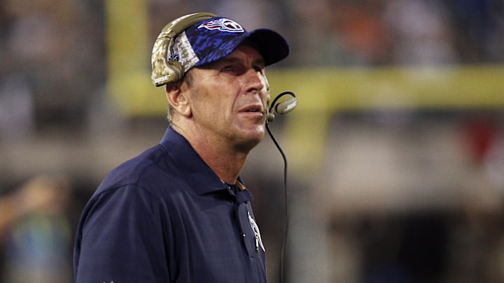 Nov 19, 2015; Jacksonville, FL, USA;  Tennessee Titans head coach Ken Whisenhunt watches a replay during the second half of a football game against the Jacksonville Jaguars at EverBank Field. The Jaguars won 19-13. Mandatory Credit: Reinhold Matay-Imagn Images