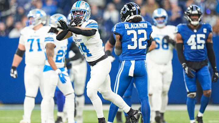Detroit Lions wide receiver Amon-Ra St. Brown celebrates a first down against the Indianapolis Colts during the first half at Lucas Oil Stadium in Indianapolis on Sunday, Nov. 24, 2024.
