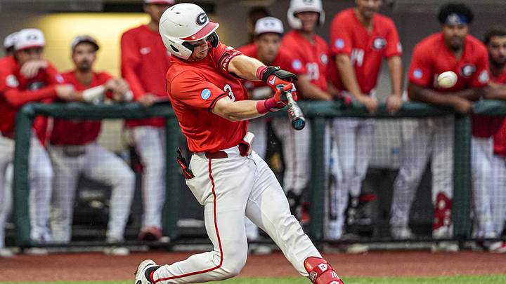 May 31, 2026; Athens, GA, USA; Georgia Bulldogs catcher Daniel Jackson (3) hits a double against the Liberty Flames during the eighth inning at Foley Field. Mandatory Credit: Dale Zanine-Imagn Images