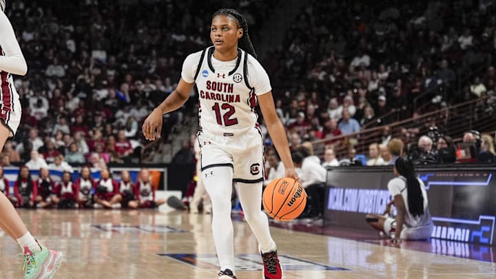 Mar 21, 2025; Columbia, South Carolina, USA; South Carolina Gamecocks guard MiLaysia Fulwiley (12) handles the ball against the Tennessee Tech Golden Eagles during the first half  at Colonial Life Arena. Mandatory Credit: Jim Dedmon-Imagn Images