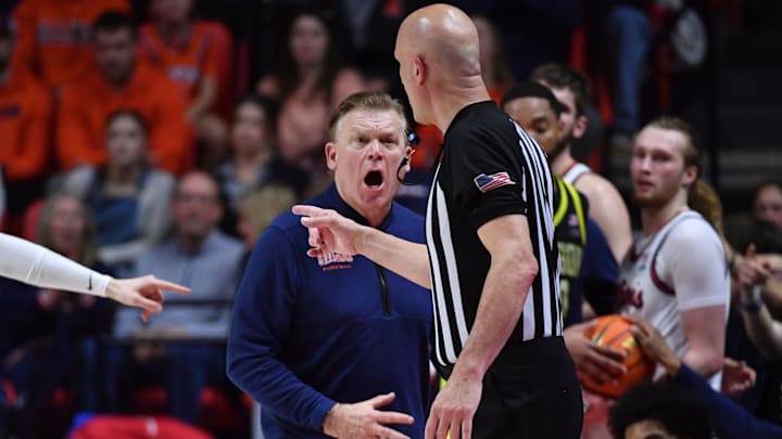 Mar 3, 2026; Champaign, Illinois, USA;  Illinois Fighting Illini head coach Brad Underwood reacts to a call during the second half against the Oregon Ducks at State Farm Center. Mandatory Credit: Ron Johnson-Imagn Images