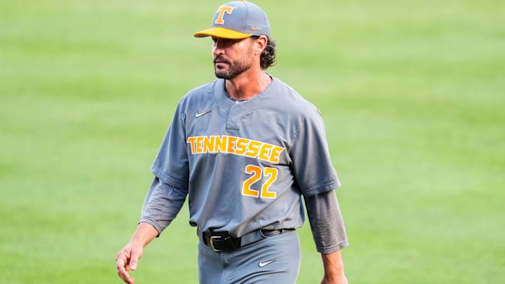Tennessee head coach Tony Vitello during game one of the NCAA baseball tournament Fayetteville Super Regional between Tennessee and Arkansas held at Baum-Walker Stadium on Saturday, June 7, 2025. Tennessee head coach Tony Vitello during game one of the NCAA baseball tournament Fayetteville Super Regional between Tennessee and Arkansas held at Baum-Walker Stadium on Saturday, June 7, 2025.