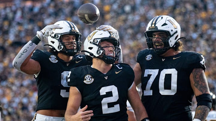 Vanderbilt's quarterback Diego Pavia (2) celebrates his go-ahead touchdown against Missouri during their game at FirstBank Stadium in Nashville, Tenn., Saturday, Oct. 25, 2025. Vanderbilt's quarterback Diego Pavia (2) celebrates his go-ahead touchdown against Missouri during their game at FirstBank Stadium in Nashville, Tenn., Saturday, Oct. 25, 2025.