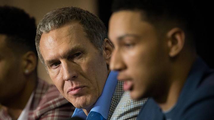 Philadelphia 76ers number one overall draft pick Ben Simmons (R) and President of Basketball Operations Bryan Colangelo (L) during an introduction press conference at the Philadelphia College Of Osteopathic Medicine. Philadelphia 76ers number one overall draft pick Ben Simmons (R) and President of Basketball Operations Bryan Colangelo (L) during an introduction press conference at the Philadelphia College Of Osteopathic Medicine.