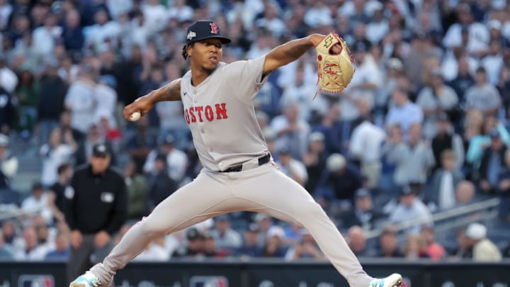 Oct 1, 2025; Bronx, New York, USA; Boston Red Sox starting pitcher Brayan Bello (66) pitches against the New York Yankees during the first inning of game two of the Wildcard round of the 2025 MLB playoffs at Yankee Stadium. Mandatory Credit: Brad Penner-Imagn Images
