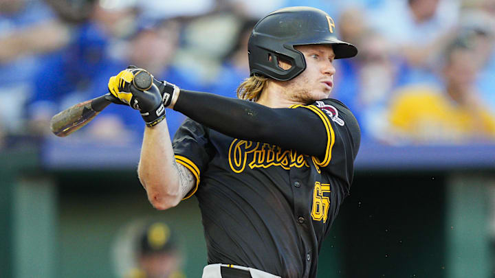Jul 8, 2025; Kansas City, Missouri, USA; Pittsburgh Pirates right fielder Jack Suwinski (65) bats during the fifth inning against the Kansas City Royals at Kauffman Stadium. Mandatory Credit: Jay Biggerstaff-Imagn Images