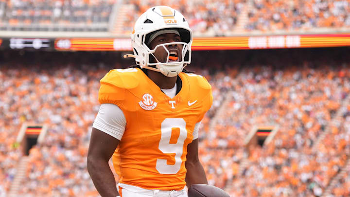 Tennessee running back Star Thomas (9) celebrates after making a touchdown in the NCAA college football game against ETSU on September 6, 2025, in Knoxville, Tennessee.