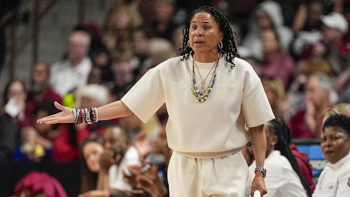 Mar 21, 2025; Columbia, South Carolina, USA; South Carolina head coach Dawn Staley during the first half  against the Tennessee Tech Golden Eagles at Colonial Life Arena. Mandatory Credit: Jim Dedmon-Imagn Images