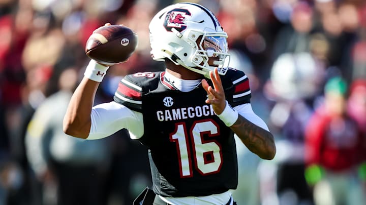 Nov 29, 2025; Columbia, South Carolina, USA; South Carolina Gamecocks quarterback Lanorris Sellers (16) passes against the Clemson Tigers in the first quarter at Williams-Brice Stadium. Mandatory Credit: Jeff Blake-Imagn Images