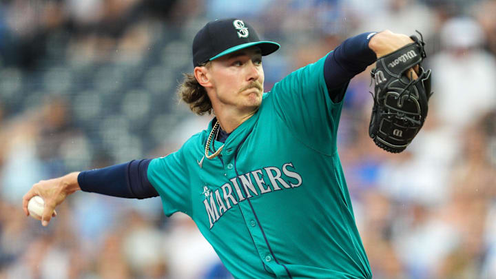 Jun 7, 2024; Kansas City, Missouri, USA; Seattle Mariners starting pitcher Bryce Miller (50) pitches during the first inning against the Kansas City Royals at Kauffman Stadium. Mandatory Credit: Jay Biggerstaff-USA TODAY Sports
