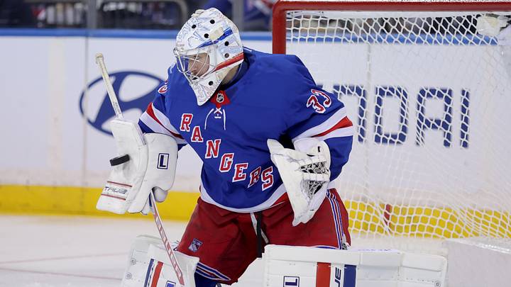 Oct 13, 2026; New York, New York, USA; New York Rangers goaltender Dylan Garand (33) makes a save against the Tampa Bay Lightning during the second period at Madison Square Garden. Mandatory Credit: Brad Penner-Imagn Images Oct 13, 2026; New York, New York, USA; New York Rangers goaltender Dylan Garand (33) makes a save against the Tampa Bay Lightning during the second period at Madison Square Garden. Mandatory Credit: Brad Penner-Imagn Images