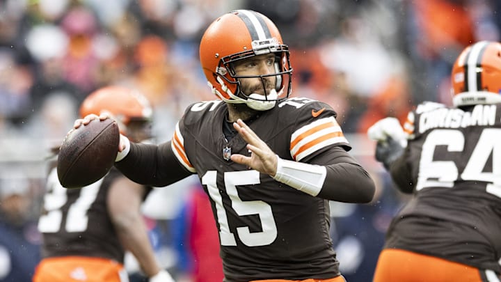 Dec 17, 2023; Cleveland, Ohio, USA; Cleveland Browns quarterback Joe Flacco (15) throws the ball
