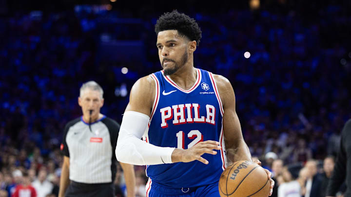 May 2, 2024; Philadelphia, Pennsylvania, USA; Philadelphia 76ers forward Tobias Harris (12) in action against the New York Knicks during game six of the first round for the 2024 NBA playoffs at Wells Fargo Center. Mandatory Credit: Bill Streicher-Imagn Images