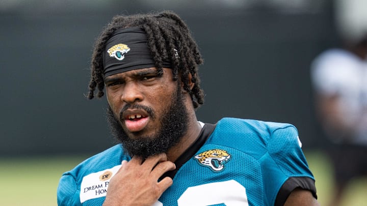 Jacksonville Jaguars running back Bhayshul Tuten (33) walks over to the interview area after the Jaguar’s 12th NFL training camp session at the Miller Electric Center, Thursday, Aug. 7, 2025, in Jacksonville, Fla. [Doug Engle/Florida Times-Union]