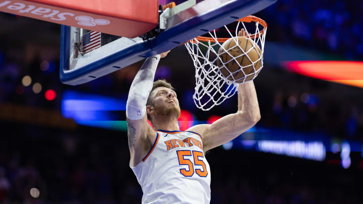 May 2, 2024; Philadelphia, Pennsylvania, USA; New York Knicks center Isaiah Hartenstein (55) dunks the ball against the Philadelphia 76ers during the first half of game six of the first round for the 2024 NBA playoffs at Wells Fargo Center. Mandatory Credit: Bill Streicher-USA TODAY Sports May 2, 2024; Philadelphia, Pennsylvania, USA; New York Knicks center Isaiah Hartenstein (55) dunks the ball against the Philadelphia 76ers during the first half of game six of the first round for the 2024 NBA playoffs at Wells Fargo Center. Mandatory Credit: Bill Streicher-USA TODAY Sports