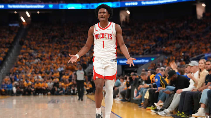 May 2, 2025; San Francisco, California, USA; Houston Rockets forward Amen Thompson (1) looks for a foul call after a play against the Golden State Warriors in the second quarter of game six of the first round for the 2025 NBA Playoffs at Chase Center. Mandatory Credit: Cary Edmondson-Imagn Images