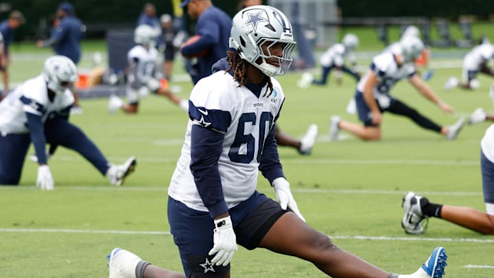 Dallas Cowboys offensive tackle Tyler Guyton goes through a drill during practice at the Ford Center at the Star Training Facility. Dallas Cowboys offensive tackle Tyler Guyton goes through a drill during practice at the Ford Center at the Star Training Facility.