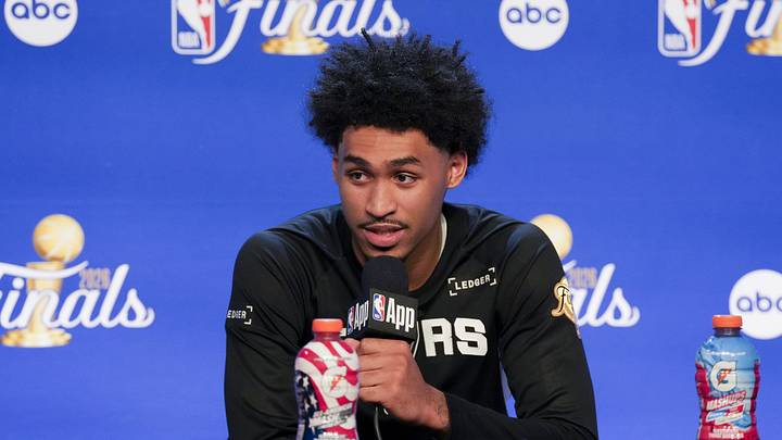 Jun 3, 2026; San Antonio, Texas, USA; San Antonio Spurs guard Dylan Harper speaks to the media after game one of the 2026 NBA Finals at Frost Bank Center. Mandatory Credit: Scott Wachter-Imagn Images Jun 3, 2026; San Antonio, Texas, USA; San Antonio Spurs guard Dylan Harper speaks to the media after game one of the 2026 NBA Finals at Frost Bank Center. Mandatory Credit: Scott Wachter-Imagn Images