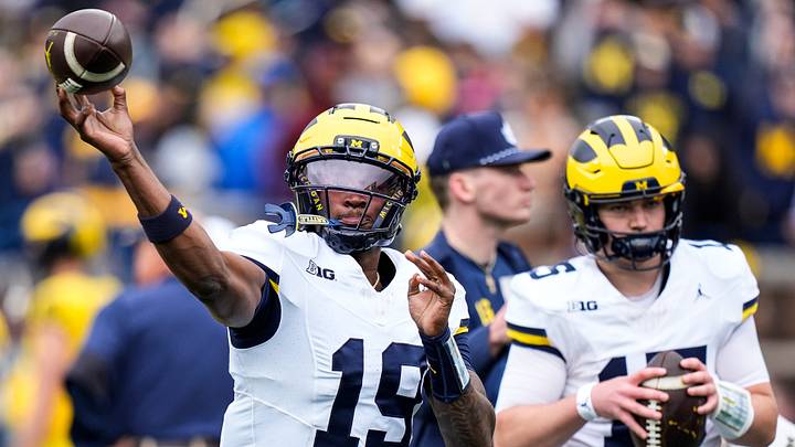 Michigan quarterback Bryce Underwood (19) warms up before the spring game at Michigan Stadium in Ann Arbor on Saturday, April 18, 2026.