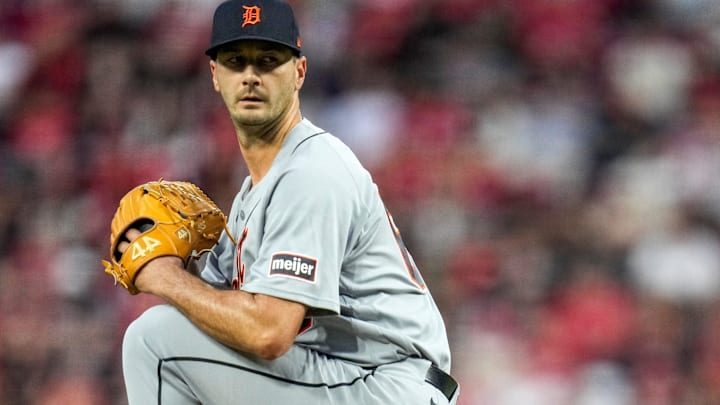 Detroit Tigers pitcher Jack Flaherty (9) throws a pitch in the second inning of the MLB Interleague game between the Cincinnati Reds and the Detroit Tigers at Great American Ball Park in downtown Cincinnati on Saturday, April 25, 2026. The Reds won the second game of the series, 9-2. Detroit Tigers pitcher Jack Flaherty (9) throws a pitch in the second inning of the MLB Interleague game between the Cincinnati Reds and the Detroit Tigers at Great American Ball Park in downtown Cincinnati on Saturday, April 25, 2026. The Reds won the second game of the series, 9-2.