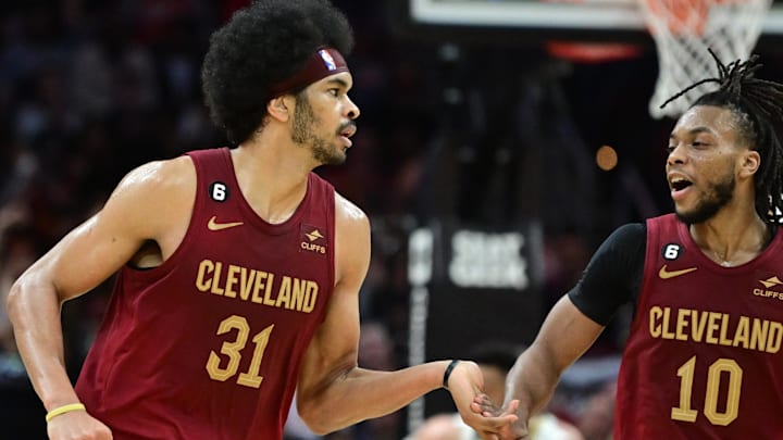 Jan 16, 2023; Cleveland, Ohio, USA; Cleveland Cavaliers center Jarrett Allen (31) celebrates with guard Darius Garland (10) during the second half against the New Orleans Pelicans at Rocket Mortgage FieldHouse. Mandatory Credit: Ken Blaze-Imagn Images