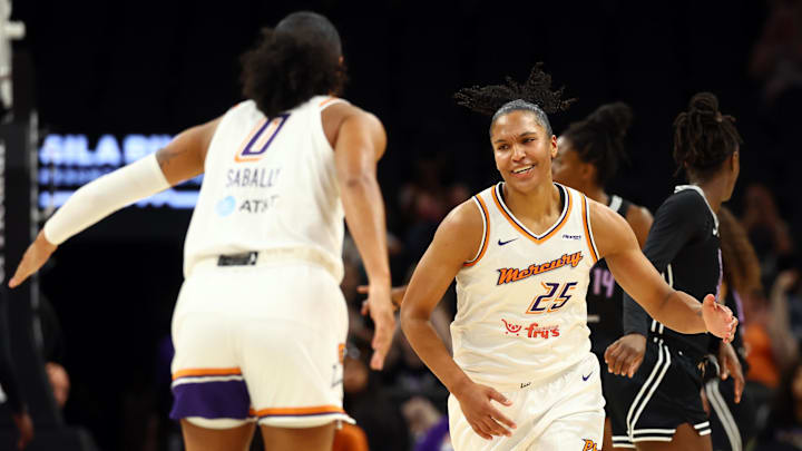 May 11, 2025; Phoenix, AZ, USA; Phoenix Mercury forward Alyssa Thomas (25) celebrates a play with Satou Sabally (0) against the Golden State Valkyries during a preseason game at PHX Arena. Mandatory Credit: Mark J. Rebilas-Imagn Images May 11, 2025; Phoenix, AZ, USA; Phoenix Mercury forward Alyssa Thomas (25) celebrates a play with Satou Sabally (0) against the Golden State Valkyries during a preseason game at PHX Arena. Mandatory Credit: Mark J. Rebilas-Imagn Images