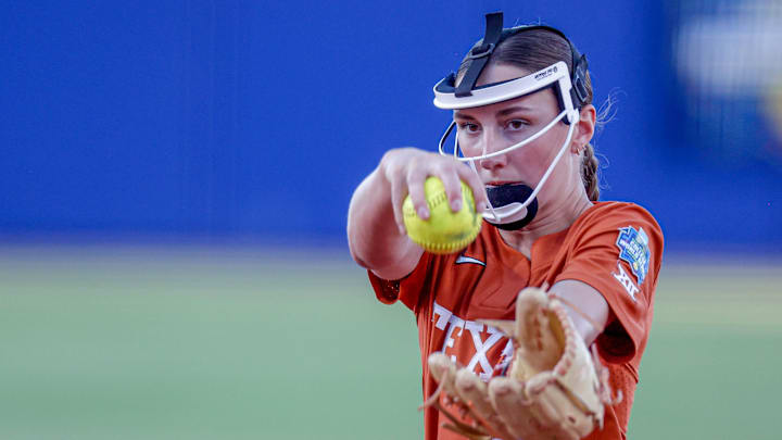 Texas pitcher Teagan Kavan (17) pithes in the third inning of the first game of the Women’s College World Series softball championship series between the Oklahoma Sooners and the Texas Longhorns at Devon Park in Oklahoma City on Wednesday, June 5, 2024.