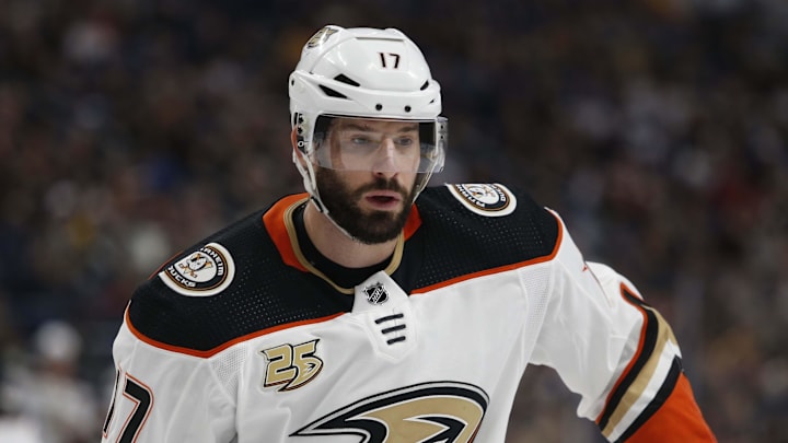 Dec 22, 2018; Buffalo, NY, USA; Anaheim Ducks center Ryan Kesler (17) looks for the puck during the first period against the Buffalo Sabres at KeyBank Center. Mandatory Credit: Timothy T. Ludwig-Imagn Images