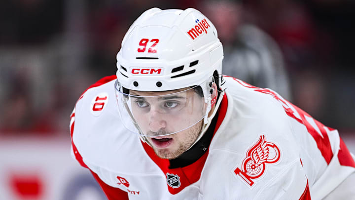 Jan 10, 2026; Montreal, Quebec, CAN; Detroit Red Wings center Marco Kasper (92) waits for a face-off against the Montreal Canadiens during the second period at Bell Centre. Mandatory Credit: David Kirouac-Imagn Images Jan 10, 2026; Montreal, Quebec, CAN; Detroit Red Wings center Marco Kasper (92) waits for a face-off against the Montreal Canadiens during the second period at Bell Centre. Mandatory Credit: David Kirouac-Imagn Images