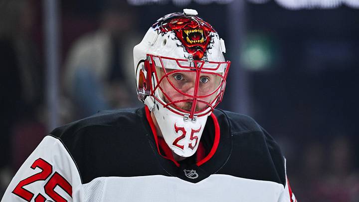 Apr 5, 2026; Montreal, Quebec, CAN; New Jersey Devils goalie Jacob Markstrom (25) looks on during warm-up before the game against the Montreal Canadiens at Bell Centre. Mandatory Credit: David Kirouac-Imagn Images